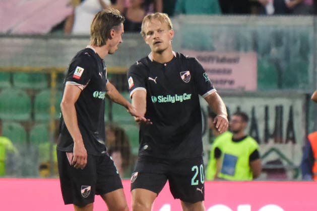 IPA88076349 - Palermo, Italy, September 3, 2026. Renzo Barbera Stadium, Palermo vs. Mantua, Round of 32 of the 2026–2027 Italian Cup. Pictured: Joel Pohjanpalo (Palermo FC) and Dennis Johnsen (Palermo FC) celebrating  Copyright: xFedericoxSerra IPAxSportx xx 88076349