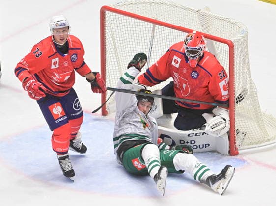 From left Jan Kostalek of Pardubice, Henri Knuutinen of Tychy and goalkeeper Malcolm Subban of Pardubice in action during the Hockey Champions League game: HC Dynamo Pardubice vs GKS Tychy, on September 3, 2026, in Pardubice, Czech Republic. (CTKxPhoto JosefxVostarek) CTKPhotoP2026090308160  CTKPhotoP2026090308160