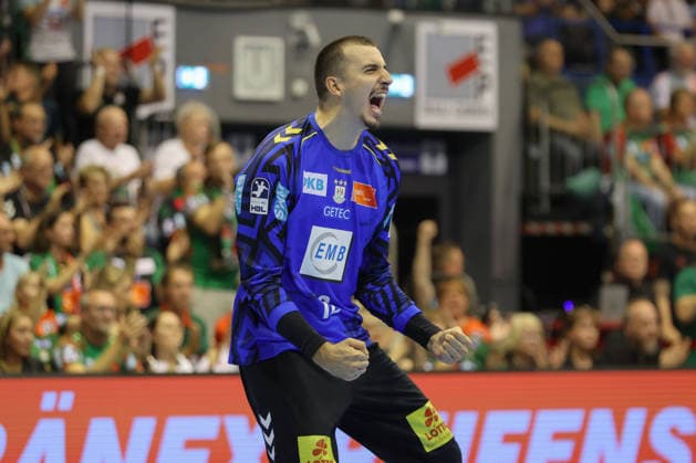 03.09.2026, xtgx, Handball Opel HBL, SC Magdeburg - Füchse Berlin emspor, v.l. Matej Mandic (Magdeburg, 12) Jubelt ueber gehaltenen Ball, abgewehrt, gehalten, Torhueter Magdeburg