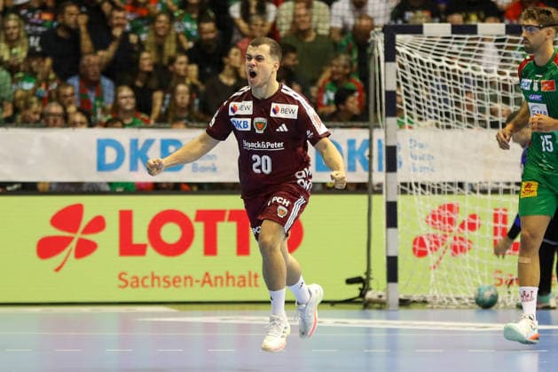 03.09.2026, xgox, Handball - Opel HBL SC Magdeburg - Füchse Berlin emspor, v.l. Tim Freihöfer (Berlin 20) Jubel, Torjubel, jubelt ueber das Tor, celebrate the goal, celebration Magdeburg