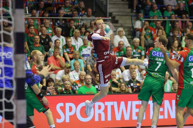 03.09.2026, xtgx, Handball Opel HBL, SC Magdeburg - Füchse Berlin emspor, v.l. Mathias Gidsel (Berlin, 19) wirft Tor, Torschuetze, erzielt Tor, Treffer, scores the goal Magdeburg