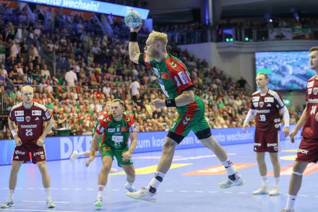 03.09.2026, xtgx, Handball Opel HBL, SC Magdeburg - Füchse Berlin emspor, v.l. Matthias Musche (Magdeburg, 6) wirft Tor, Torschuetze, erzielt Tor, Treffer, scores the goal Magdeburg