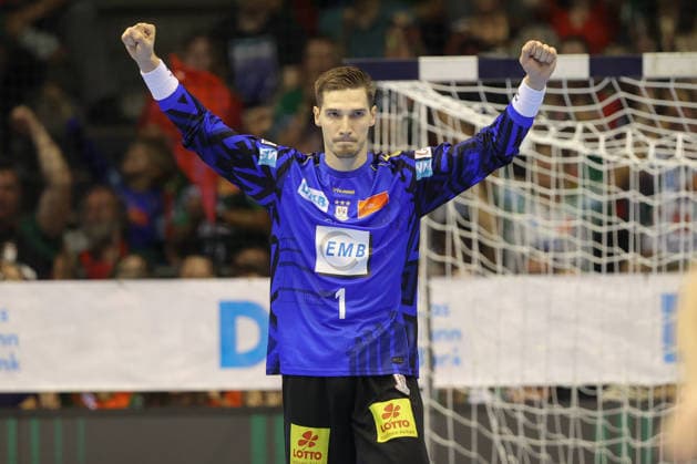 03.09.2026, xtgx, Handball Opel HBL, SC Magdeburg - Füchse Berlin emspor, v.l. Dominik Kuzmanovic (Magdeburg, 1) Jubelt ueber gehaltenen Ball, abgewehrt, gehalten, Torhueter Magdeburg