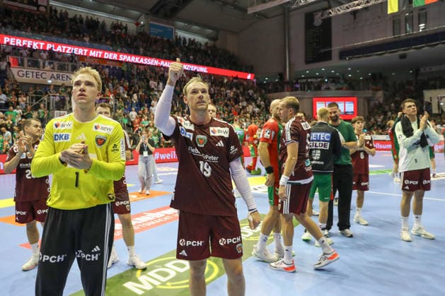 03.09.2026, xtgx, Handball Opel HBL, SC Magdeburg - Füchse Berlin emspor, v.l. Berlin um Lasse Ludwig (Berlin, 1) und Mathias Gidsel (Berlin, 19) enttaeuscht, schaut enttaeuscht, niedergeschlagen, disappointed Magdeburg