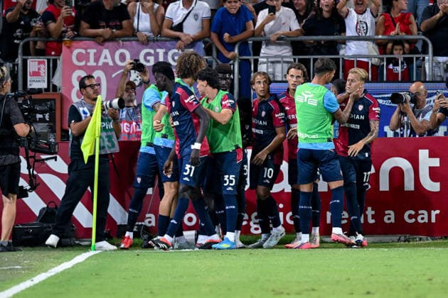 Cagliari s Paul Mendy celebrates after scoring the goal for 1-1 during the Coppa Italia Frecciarossa soccer match between Cagliari Calcio and Hellas Verona at the Unipol Domus in Cagliari, Sardinia - Thursday 3rd september 2026. - Soccer  Copyright: xGianlucaxZuddas LaPressex