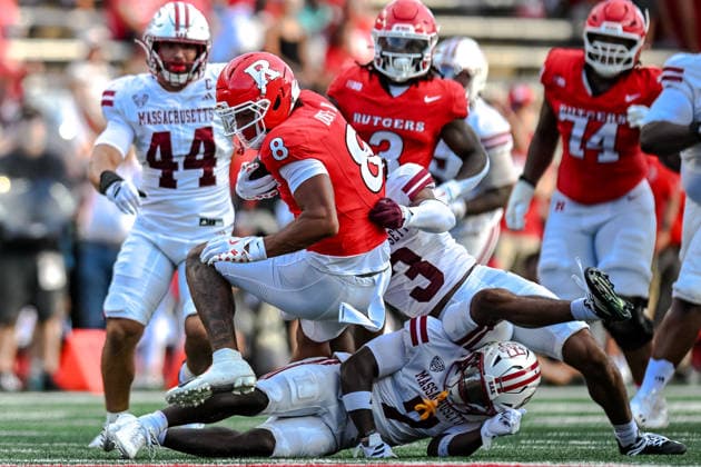 September 3, 2026, Piscataway, Nj, USA: 09 03 26 Rutgers Scarlet Knights wide receiver KJ Duff (8) is tackled after a catch during 1st half of the football game between the Massachusetts Minutemen and Rutgers Scarlet Knights at SHI Stadium, Thursday Sept. 3, 2026. Piscataway USA - ZUMAc268 20260903_zsp_c268_030 Copyright: xJamesxPatrickxCooperx