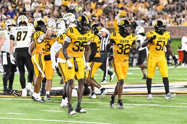COLUMBIA, MO - SEPTEMBER 03: Arkansas-Pine Bluff Golden Lions defensive back Michael Henderson (35) celebrates after receiving a fumble during a non conference game between the Arkansas Pine Bluff Golden Lions and the Missouri Tigers held on Thursday September 03, 2026 at Faurot Field at Memorial Stadium in Columbia MO. (Photo by Rick Ulreich Icon Sportswire) COLLEGE FOOTBALL: SEP 03 Ark.-Pine Bluff at Missouri EDITORIAL USE ONLY Icon26090324