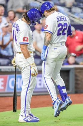 SEP 3, 2026: Kansas City Royals catcher Carter Jensen (22) celebrates with Kansas City Royals outfielder Jac Caglianone (14) after hitting a home run in the 5th inning against the Miami Marlins at Kauffman Stadium Kansas City, MO. CSM Kansas City United States - ZUMAc04_ 20260903_zma_c04_146 Copyright: xRomanxPunox