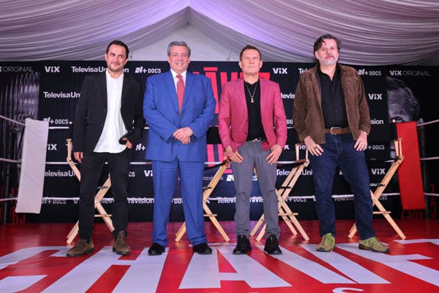 Chavez v Chavez Documentary Series press conference, PK, Pressekonferenz Carlos Sosa, documentary series producer, Mauricio Sulaiman, WBC (World Boxing Council) President, Julio Cesar Chavez, former Mexican professional boxer, Diego Enrique Osorno, documentary series director pose for photos during the press conference for the ViX Original documentary series Chavez v. Chavez at Videocine. on September 3, 2026 in Mexico City, Mexico. (Photo by Yamak Perea Eyepix Group) Copyright: xYamakxPerea xEyepixxGroupx YP_03092026_197129