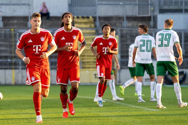 Tor, 1:0, fuer die FC Bayern Amateure. Torschuetzte David Heindl 5 (FC Bayern Muenchen Amatuere), Noah Codjo-Evora 9 (FC Bayern Muenchen Amatuere), FC Bayern II vs. VfB Eichstaett, Fussball, Regionalliga Bayern, 7. Spieltag, 04.09.2026 DFB regulations prohibit any use of photographs as image sequences and or quasi-video Muenchen Bayern Deutschland