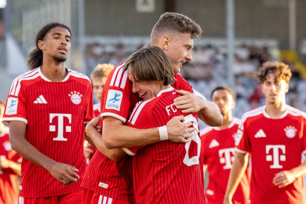 Tor, 1:0, fuer die FC Bayern Amateure. Torschuetzte David Heindl 5 (FC Bayern Muenchen Amatuere), Noah Codjo-Evora 9 (FC Bayern Muenchen Amatuere), Bohdan Olychenko 8 (FC Bayern Muenchen Amatuere), FC Bayern II vs. VfB Eichstaett, Fussball, Regionalliga Bayern, 7. Spieltag, 04.09.2026 DFB regulations prohibit any use of photographs as image sequences and or quasi-video Muenchen Bayern Deutschland