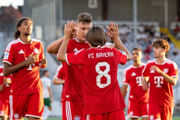 Tor, 1:0, fuer die FC Bayern Amateure. Torschuetzte David Heindl 5 (FC Bayern Muenchen Amatuere), Bohdan Olychenko 8 (FC Bayern Muenchen Amatuere), FC Bayern II vs. VfB Eichstaett, Fussball, Regionalliga Bayern, 7. Spieltag, 04.09.2026 DFB regulations prohibit any use of photographs as image sequences and or quasi-video Muenchen Bayern Deutschland