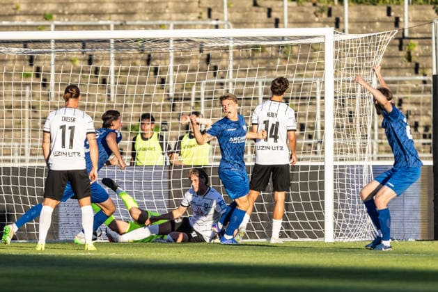 SSV Ulm 1846 Fußball vs. SGV Freiberg Heilbronn, Fussball, Regionalliga Südwest, 5. Spieltag, Donaustadion Ulm 04.09.26 Torschuss Torjubel Jubel Freude nach Treffer Tor Torschuss zum 0:2 durch Tino Bradara (SGV Heilbronn-Freiberg, 2) SSV Ulm 1846 Fußball vs. SGV Freiberg Heilbronn, Fussball, Regionalliga Südwest, 5. Spieltag, Donaustadion Ulm 04.09.26 Foto: Lucca Fundel Ulm Donaustadion Baden-Württemberg Deutschland