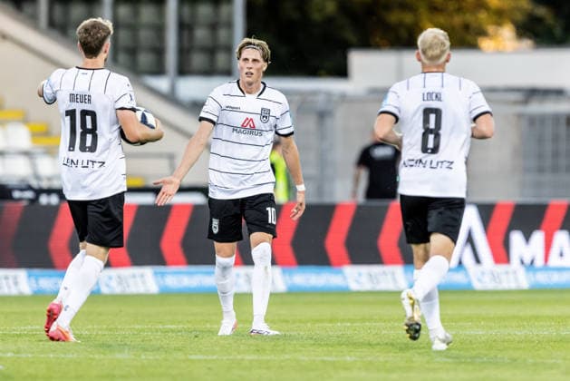 SSV Ulm 1846 Fußball vs. SGV Freiberg Heilbronn, Fussball, Regionalliga Südwest, 5. Spieltag, Donaustadion Ulm 04.09.26 Torjubel Jubel Freude nach Treffer Tor Torschuss zum 1:2 durch Oliver Wähling (SSV Ulm 1846 Fußball, 10) SSV Ulm 1846 Fußball vs. SGV Freiberg Heilbronn, Fussball, Regionalliga Südwest, 5. Spieltag, Donaustadion Ulm 04.09.26 Foto: Lucca Fundel Ulm Donaustadion Baden-Württemberg Deutschland