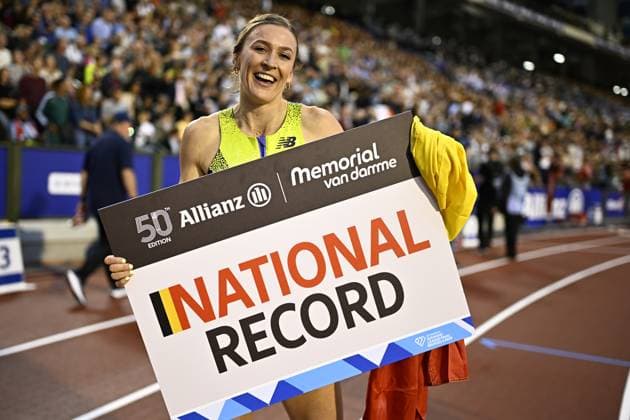 Belgian Paulien Couckuyt celebrates a Belgian record at the women s 400m hurdles, at the 50th edition of the Memorial Van Damme Diamond League athletics event in Brussels, Friday 4 September 2026. JASPERxJACOBS  x185253399x