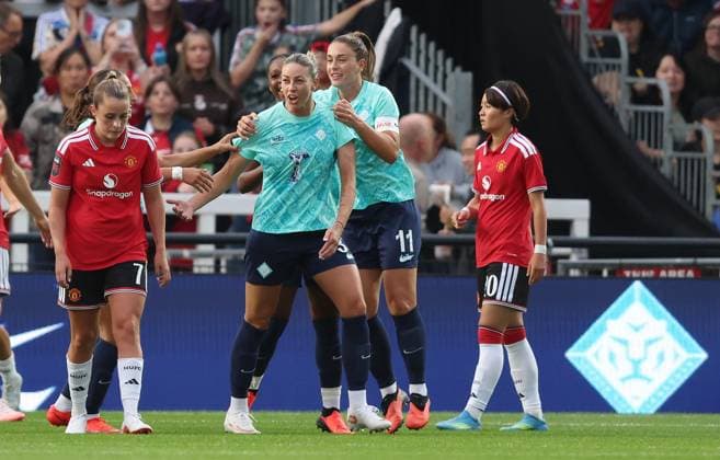 Women s Super League - London City Lionesses v Manchester United, ManU Women LONDON, ENGLAND, SEPTEMBER 4: GOAL 1-0, Alanna Kennedy of London City Lionesses goal celebration with Alexia Putellas of London City Lionesses after scoring a goal to put London City Lionesses 1-0 ahead during the Women s Super League match between London City Lionesses v Manchester United Women at Copperjax Community Stadium, London, England, on September 4. (Photo by Daniel Weir) London Copperjax Community Stadium England Copyright: xDanielxWeir SportsxPressxPhotox Sportspressphoto_SPR222855