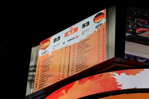 04.09.2026, GER, Basketball, Frauen , Basketball-WM, 2026, 1. Spieltag, Deutschland vs. Spanien Anzeigetafel mit dem Endergebnis, 53 : 83 Berlin Uber Arena Berlin Deutschland *** September 4, 2026, GER, Women s Basketball, Women s Basketball World Cup, 2026, Matchday 1, Germany vs. Spain; scoreboard showing the final score, 53–83; Berlin Uber Arena, Berlin, Germany Copyright: xNordphotox xEnglerx
