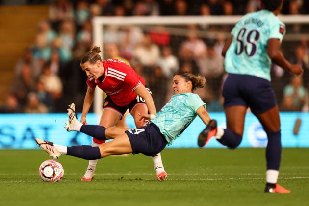 London City Lionesses v Manchester United, ManU 04 September 2026, London - Women s Super League - London City Lionesses v Manchester United - Elisabeth Terland of Manchester United and Maria Leon of London City Lionesses - Photo: Jacques Feeney Offside. London UK Copyright: xJacquesxFeeneyx xOffsidexOffside
