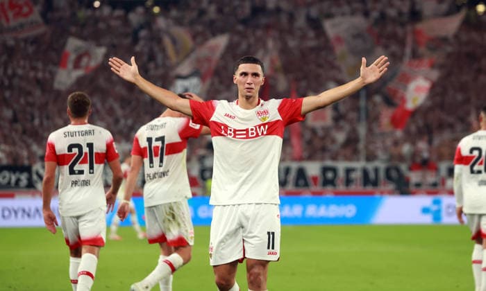 04.09.26 VfB Stuttgart - 1. FC Köln Deutschland, Stuttgart, 04.09.2026, Fussball, Bundesliga, Saison 2026 2027, VfB Stuttgart - 1. FC Köln: Bilal El Khannouss (VfB Stuttgart); Jubel Tor 1:0 Khannouss. *** 04 09 26 VfB Stuttgart 1 FC Cologne Germany, Stuttgart, 04 09 2026, Soccer, Bundesliga, 2026–2027 Season, VfB Stuttgart vs. 1. FC Köln: Bilal El Khannouss of VfB Stuttgart celebrates scoring the 1–0 goal; Khannouss