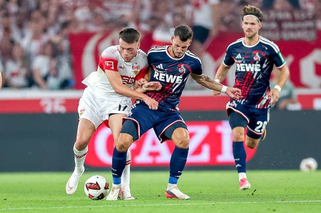 04.09.2026, Fußball, VfB Stuttgart - 1. FC Köln, 1. Fußball Bundesliga, 2. Spieltag, MHP-Arena, Saison 2026 2027: Dzenan Pejcinovic (VfB Stuttgart 17) im Zweikampf gegen Tom Krauß (1FC Koeln 05) DFB regulations prohibit any use of photographs as image sequences and or quasi-video. Baden-Württemberg Deutschland *** September 4, 2026, Soccer, VfB Stuttgart vs. 1. FC Köln, 1 Bundesliga, Matchday 2, MHP Arena, 2026–2027 Season, Dzenan Pejcinovic (VfB Stuttgart 17) in a tackle against Tom Krauß (1. FC Köln 05). DFB regulations prohibit any use of photographs as image sequences and or quasi-video. Baden-Württemberg, Germany