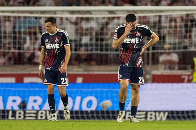STUTTGART, GERMANY - SEPTEMBER 04: Paul Okon-Engstler (1. FC Koeln, 23), Luka Lochoshvili (1. FC Koeln, 24) frustrated during the Bundesliga match between VfB Stuttgart vs. 1. FC Koeln at MHP Arena Stuttgart on matchday 2 of the 1. Bundesliga on September 04, 2026 in Stuttgart, Germany. DFL REGULATIONS PROHIBIT ANY USE OF PHOTOGRAPHS AS IMAGE SEQUENCES AND OR QUASI-VIDEO. Baden Wuerttemberg Germany Copyright: xSteffiexWunderlx