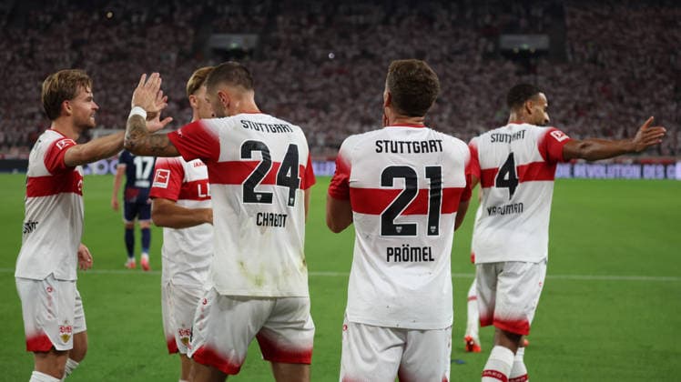 04.09.2026, xrekx, Fussball 1.Bundesliga, VfB Stuttgart - 1.FC Köln v.l. Torjubel nach dem Tor zum celebrating the goal celebrate 2:0 durch Grischa Prömel (VfB Stuttgart) mit Maximilian Mittelstädt (VfB Stuttgart) (DFL DFB REGULATIONS PROHIBIT ANY USE OF PHOTOGRAPHS as IMAGE SEQUENCES and or QUASI-VIDEO) Stuttgart *** September 4, 2026, xrekx, Soccer, Bundesliga 1, VfB Stuttgart 1 FC Köln v l Goal celebration after Grischa Prömel’s goal to make it 2–0 for VfB Stuttgart, featuring Maximilian Mittelstädt. VfB Stuttgart. DFL. DFB. REGULATIONS PROHIBIT ANY USE OF PHOTOGRAPHS AS IMAGE SEQUENCES AND OR QUASI-VIDEO Stuttgart