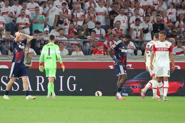 04.09.2026, xrekx, Fussball 1.Bundesliga, VfB Stuttgart - 1.FC Köln v.l. Ãsak Johannesson (1.FC Koeln) Ragnar Ache (1.FC Koeln) enttaeuscht, enttäuscht, schaut enttaeuscht, niedergeschlagen, disappointed Grischa Prömel (VfB Stuttgart) (DFL DFB REGULATIONS PROHIBIT ANY USE OF PHOTOGRAPHS as IMAGE SEQUENCES and or QUASI-VIDEO) Stuttgart *** September 4, 2026, xrekx, Soccer 1. Bundesliga, VfB Stuttgart 1 FC Köln v l Ósak Johannesson 1 FC Köln Ragnar Ache 1 FC Köln disappointed, disappointed, looks disappointed, dejected, disappointed Grischa Prömel VfB Stuttgart DFL DFB REGULATIONS PROHIBIT ANY USE OF PHOTOGRAPHS as IMAGE SEQUENCES and or QUASI-VIDEO Stuttgart