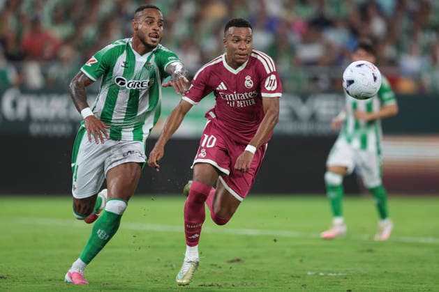 ESP: Real Betis - Real Madrid. La Liga EA Sports. Matchday 4. Kylian Mbappe of Real Madrid and Natan Souza of Real Betis during the La Liga EA Sports match between Real Betis and Real Madrid played at La Cartuja Stadium on Sep 4, 2026 in Sevilla, Spain. kpng Copyright: xAntonioxPozox xPRESSINPHOTOx AP_2627_BET_RMA_056