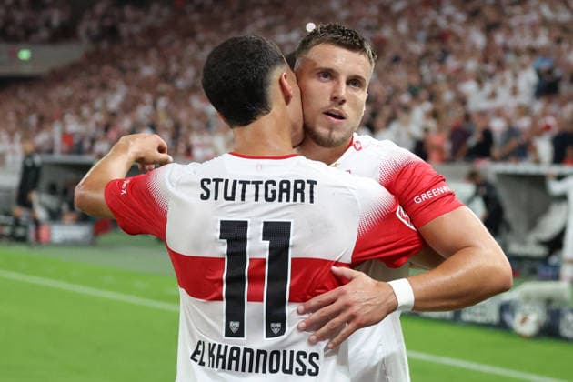 04.09.2026, xrekx, Fussball 1.Bundesliga, VfB Stuttgart - 1.FC Köln v.l. Torjubel nach dem Tor zum celebrating the goal celebrate 3:0 durch Ermedin Demirovic (VfB Stuttgart) mit Bilal El Khannouss (VfB Stuttgart) (DFL DFB REGULATIONS PROHIBIT ANY USE OF PHOTOGRAPHS as IMAGE SEQUENCES and or QUASI-VIDEO) Stuttgart *** September 4, 2026, xrekx, Soccer, Bundesliga 1, VfB Stuttgart 1 FC Köln v l Goal celebration after Ermedin Demirovic scored the 3-0 goal for VfB Stuttgart with Bilal El Khannouss VfB Stuttgart DFL DFB REGULATIONS PROHIBIT ANY USE OF PHOTOGRAPHS as IMAGE SEQUENCES and or QUASI-VIDEO Stuttgart