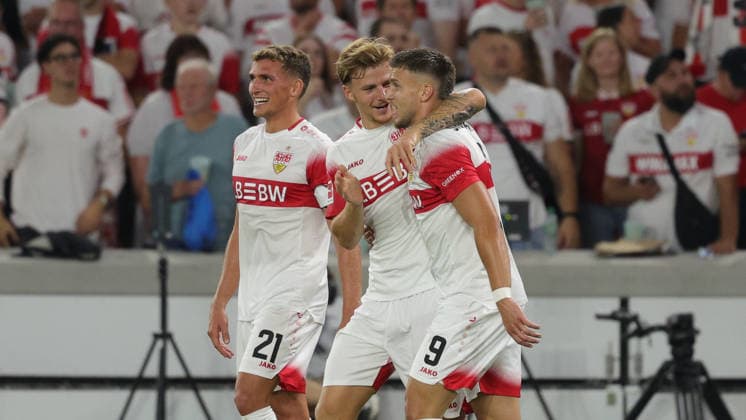 2026.09.04, Deutschland, Stuttgart Fußball VfB Stuttgart vs. 1. FC Köln, Grischa Prömel (VfB) Finn Jeltsch (VfB) Ermedin Demirovic (VfB) jubeln über das Tor zum 3:0 Gemäß den Vorgaben der DFL Deutsche Fußball Liga ist es untersagt, in dem Stadion und oder vom Spiel angefertigte Fotoaufnahmen in Form von Sequenzbildern und oder videoähnlichen Fotostrecken zu verwerten bzw. verwerten zu lassen. DFL, DFB regulations prohibit any use of photographs as image sequences and or quasi-video. *** September 4, 2026, Germany, Stuttgart, Soccer: VfB Stuttgart vs. 1. FC Köln; Grischa Prömel (VfB), Finn Jeltsch (VfB), and Ermedin Demirovic (VfB) celebrate the goal that made it 3–0. In accordance with the regulations of the DFL (German Soccer League), it is prohibited to use or allow the use of photographs taken in the stadium and or during the match in the form of image sequences and or video-like photo series. DFL and DFB regulations prohibit any use of photographs as image sequences and or quasi-video