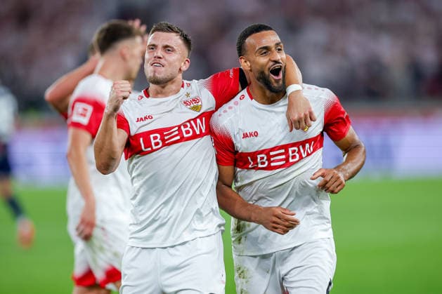 04.09.2026, Fußball, VfB Stuttgart - 1. FC Köln, 1. Fußball Bundesliga, 2. Spieltag, MHP-Arena, Saison 2026 2027: Torjubel nach dem Tor zum 4:1 durch Torschütze Josha Vagnoman (VfB Stuttgart 04) zusammen mit Ermedin Demirovic (VfB Stuttgart 09) DFB regulations prohibit any use of photographs as image sequences and or quasi-video. Baden-Württemberg Deutschland *** September 4, 2026, Soccer, VfB Stuttgart vs. 1. FC Köln, Bundesliga 1, Matchday 2, MHP Arena, 2026–2027 season: Goal celebration after the 4–1 goal by scorer Josha Vagnoman (VfB Stuttgart 04) together with Ermedin Demirovic (VfB Stuttgart 09). DFB regulations prohibit any use of photographs as image sequences and or quasi-video. Baden-Württemberg, Germany