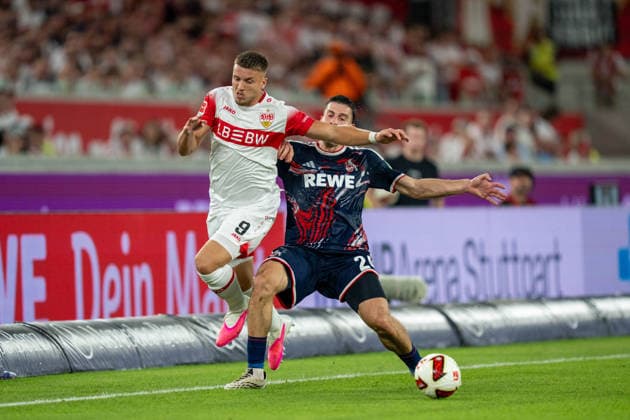 Zweikampf zwischen Ermedin Demirovic (VfB Stuttgart, 09) und Luka Lochoshvili (1. FC Koeln, 24) vor dem 0:3, VfB Stuttgart vs. 1. FC Koeln, Fussball, 1. Bundesliga, 02. Spieltag, 04.09.2026 DFB regulations prohibit any use of photographs as image sequences and or quasi-video Stuttgart Baden-Wuerttemberg Deutschland *** A tackle between Ermedin Demirovic (VfB Stuttgart, No. 9) and Luka Lochoshvili (1. FC Köln, No. 24) before the 0–3 score, VfB Stuttgart vs. 1. FC Köln, Soccer, Bundesliga 1, Matchday 2, September 4, 2026. DFB regulations prohibit any use of photographs as image sequences and or quasi-video. Stuttgart, Baden-Württemberg, Germany Copyright: xkolbert-press PhilipxZieglerx