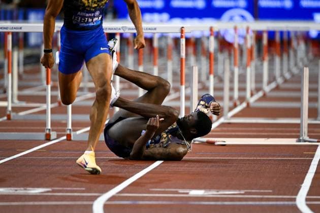 United States s Cordell Tinch falls during the 110m hurdles men at the 50th edition of the Memorial Van Damme Diamond League athletics event in Brussels, Friday 4 September 2026. ELIASxROM  x185285295x
