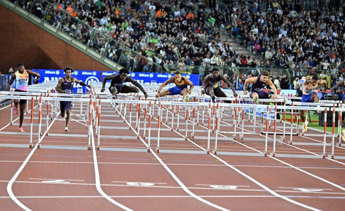 50th Memorial Van Damme Diamond League BRUSSELS, BELGIUM - SEPTEMBER 04: American hurdler Ja Kobe Tharp (3rd L) competes in the men s 110-meter hurdles during the 50th Memorial Van Damme athletics event at the King Baudouin Stadium in Brussels, Belgium, on September 04, 2026. Dursun Aydemir Anadolu Brussels Belgium. Editorial use only. Please get in touch for any other usage.  Copyright: x2026xAnadoluxDursunxAydemirx