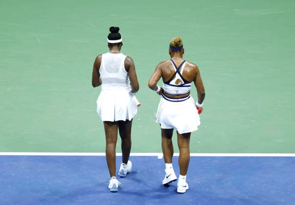 Women s Doubles team Serena Williams and Venus Williams compete in the first set against Maya.Joint and Chan Hao-Ching in Arthur Ashe Stadium at the 2026 US Open Tennis Championship at the USTA Billie Jean King National Tennis Center in New York City on Friday, September 4, 2026.  NYP20260904120 JOHNxANGELILLO