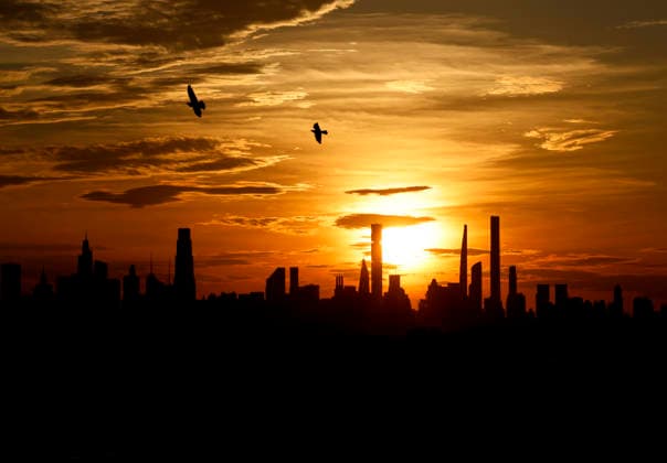 The sun sets behind the Manhattan Skyline from the top of Arthur Ashe Stadium at the 2026 US Open Tennis Championship at the USTA Billie Jean King National Tennis Center in New York City on Friday, September 4, 2026.  NYP20260904128 JOHNxANGELILLO