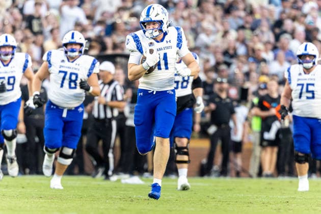 Sep 04, 2026; West Lafayette, Indiana, USA; Indiana State tight end Tyler Nansel (11) runs with the ball after the catch during NCAA, College League, USA football game action between the Indiana State Sycamores and the Purdue Boilermakers at Ross-Ade Stadium in West Lafayette, Indiana. Mandatory Credit: -Cal Media West Lafayette United States of America - ZUMAc04_ 20260904_zma_c04_016 Copyright: xJohnxMersitsx