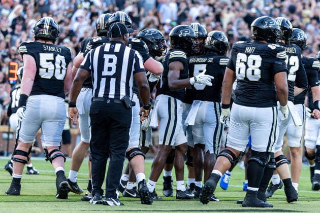 Sep 04, 2026; West Lafayette, Indiana, USA; Purdue wide receiver Chauncey Magwood (5) celebrates touchdown with his teammates during NCAA, College League, USA football game action between the Indiana State Sycamores and the Purdue Boilermakers at Ross-Ade Stadium in West Lafayette, Indiana. Mandatory Credit: -Cal Media West Lafayette United States of America - ZUMAc04_ 20260904_zma_c04_018 Copyright: xJohnxMersitsx