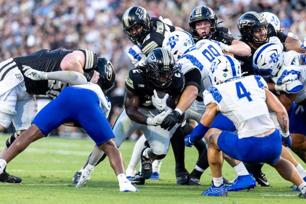 Sep 04, 2026; West Lafayette, Indiana, USA; Purdue running back Fame Ijeboi (2) runs with the ball during NCAA, College League, USA football game action between the Indiana State Sycamores and the Purdue Boilermakers at Ross-Ade Stadium in West Lafayette, Indiana. Mandatory Credit: -Cal Media West Lafayette United States of America - ZUMAc04_ 20260904_zma_c04_024 Copyright: xJohnxMersitsx