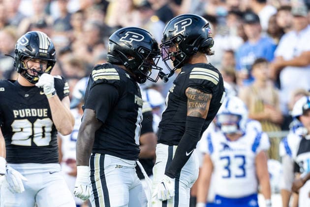 NCAA, College League, USA Football 2026: Indiana State Vs Purdue SEP 04 Sep 04, 2026; West Lafayette, Indiana, USA; Purdue linebacker Jojo Hayden (0) and Purdue defensive back Don Saunders (7) react during NCAA football game action between the Indiana State Sycamores and the Purdue Boilermakers at Ross-Ade Stadium in West Lafayette, Indiana. Mandatory Credit: John Mersits-Cal Media (Credit Image: Â John Mersits Cal Sport Media) West Lafayette Indiana United States of America EDITORIAL USE ONLY Copyright: xx ZUMA-20260904_zma_c04_014.jpg JohnxMersitsx csmphotothree517050