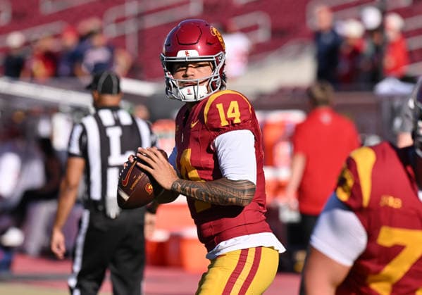 LOS ANGELES, CA - SEPTEMBER 04: Southern California Trojans quarterback Jayden Maiava (14) warms up prior to the game between the USC Trojans and the Fresno State Bulldogs on September 04, 2026 at Los Angeles Memorial Coliseum in Los Angeles. (Photo by David Dennis Icon Sportswire) COLLEGE FOOTBALL: SEP 04 Fresno State at USC EDITORIAL USE ONLY Icon26090403
