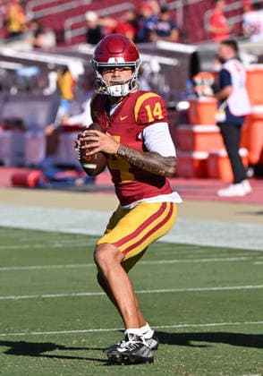 LOS ANGELES, CA - SEPTEMBER 04: Southern California Trojans quarterback Jayden Maiava (14) warms up prior to the game between the USC Trojans and the Fresno State Bulldogs on September 04, 2026 at Los Angeles Memorial Coliseum in Los Angeles. (Photo by David Dennis Icon Sportswire) COLLEGE FOOTBALL: SEP 04 Fresno State at USC EDITORIAL USE ONLY Icon26090404