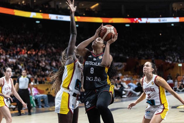 September 4, 2026, Berlin, Germany: Nyara Sabally of Germany (R) and Awa Fam (L) of Spain seen in action during the first round of the 2026 FIBA Women s World Cup between Germany and Spain at Uber Arena. Final score; Spain 83:53 Germany. FIBA Women s World Cup First Round: Spain-Germany In Berlin, Germany - 4 Sept 2026  - ZUMAs197 20260904_aaa_s197_529 Copyright: xNicholasxMullerx