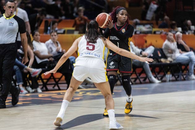 September 4, 2026, Berlin, Germany: Alexis Peterson of Germany (R) and Maite Cazorla (L) of Spain seen in action during the first round of the 2026 FIBA Women s World Cup between Germany and Spain at Uber Arena. Final score; Spain 83:53 Germany. Berlin Germany - ZUMAs197 20260904_aaa_s197_538 Copyright: xNicholasxMullerx