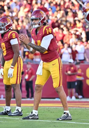 LOS ANGELES, CA - SEPTEMBER 04: Southern California Trojans quarterback Jayden Maiava (14) in the pocket prior to the snap during the game between the USC Trojans and the Fresno State Bulldogs on September 04, 2026 at Los Angeles Memorial Coliseum in Los Angeles. (Photo by David Dennis Icon Sportswire) COLLEGE FOOTBALL: SEP 04 Fresno State at USC EDITORIAL USE ONLY Icon26090411