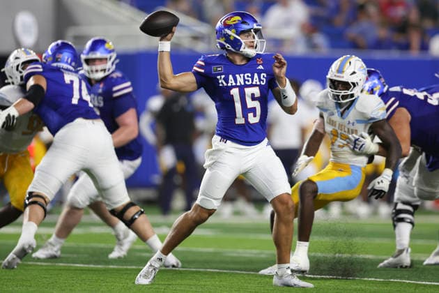 LAWRENCE, KS - SEPTEMBER 04: Cole Ballard 15 of the Kansas Jayhawks throws a pass in the third quarter of a college football game between the Long Island Sharks and Kansas Jayhawks on Sep 4, 2026 at David Booth Memorial Stadium in Lawrence, KS. (Photo by Scott Winters Icon Sportswire) COLLEGE FOOTBALL: SEP 04 LIU at Kansas EDITORIAL USE ONLY Icon2609040566