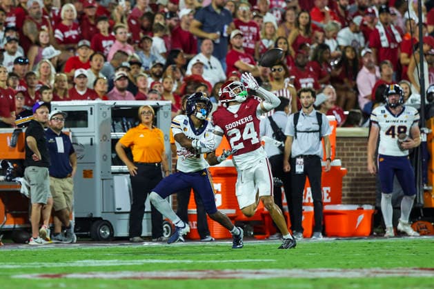 NORMAN, OK - SEPTEMBER 04: Oklahoma Sooner defensive back Jacobe Johnson (24) knocks down a pass during the college football game between the Oklahoma Sooners and the UTEP Miners on September 04, 2026 at Gaylord Family Oklahoma Memorial Stadium in Norman, OK. (Photo by Chad Hamilton Icon Sportswire) COLLEGE FOOTBALL: SEP 04 UTEP at Oklahoma EDITORIAL USE ONLY Icon260903148
