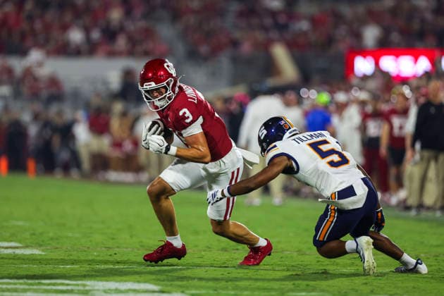 NORMAN, OK - SEPTEMBER 04: Oklahoma Sooner wide receiver Parker Livingstone (3) avoids a tackle during the college football game between the Oklahoma Sooners and the UTEP Miners on September 04, 2026 at Gaylord Family Oklahoma Memorial Stadium in Norman, OK. (Photo by Chad Hamilton Icon Sportswire) COLLEGE FOOTBALL: SEP 04 UTEP at Oklahoma EDITORIAL USE ONLY Icon260903159