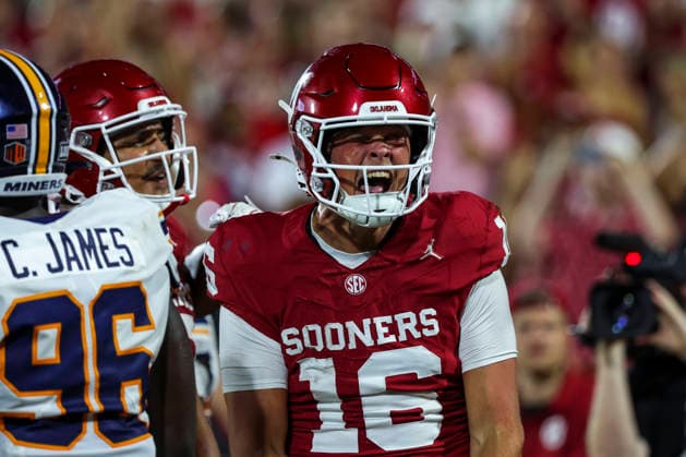 NORMAN, OK - SEPTEMBER 04: Oklahoma Sooner quarterback Whitt Newbauer (16) celebrates a touchdown during the college football game between the Oklahoma Sooners and the UTEP Miners on September 04, 2026 at Gaylord Family Oklahoma Memorial Stadium in Norman, OK. (Photo by Chad Hamilton Icon Sportswire) COLLEGE FOOTBALL: SEP 04 UTEP at Oklahoma EDITORIAL USE ONLY Icon260903174
