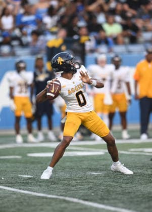 ATLANTA, GA - September 04: North Carolina A&T Aggies QB Kevin White Jr. (0) throws a pass during game between the North Carolina A&T Aggies and the Georgia State Panthers on September 4, 2026 at Center Parc Credit Union Stadium in Atlanta, GA. (Photo by John Rivera Icon Sportswire) COLLEGE FOOTBALL: SEP 04 NC A&T at Georgia State EDITORIAL USE ONLY Icon426260904005